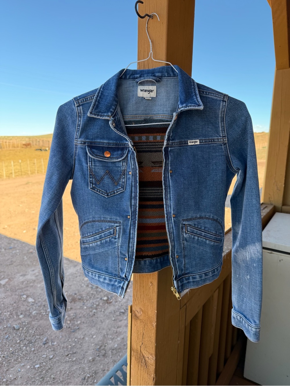 Wrangler Denim Jacket with Southwestern-Patterned up-cycled pendetlon